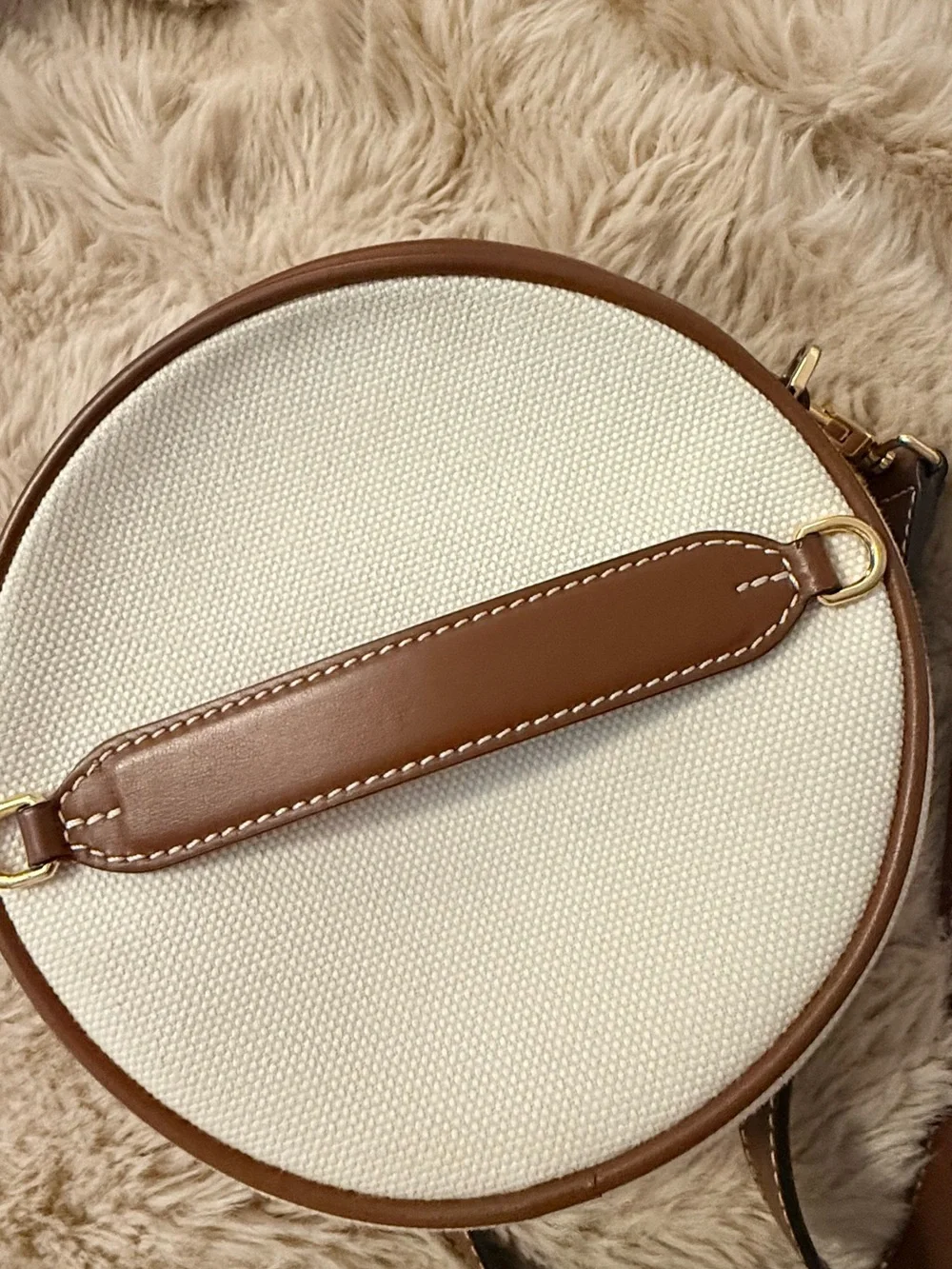 Burberry Cream Canvas Round Crossbody with Brown Leather Trim